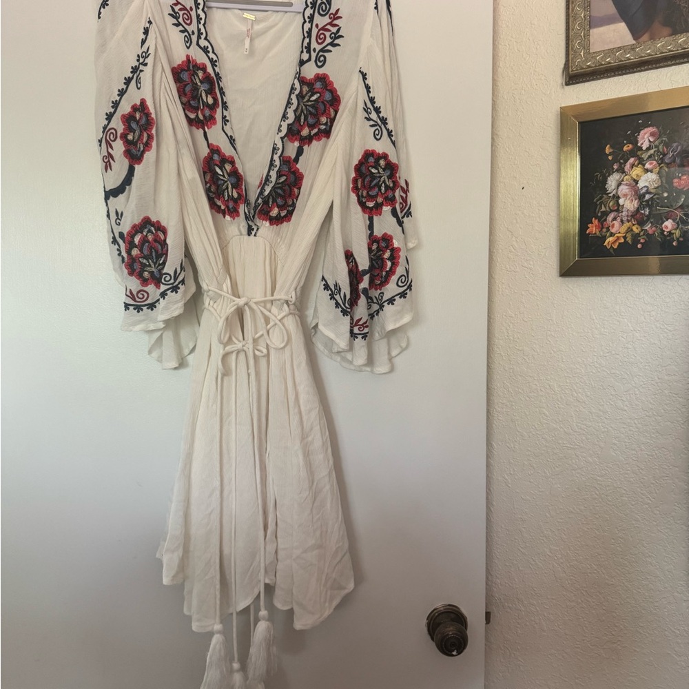 Free People White Mini Dress with Red & Navy Embroidery - Picture 2 of 8